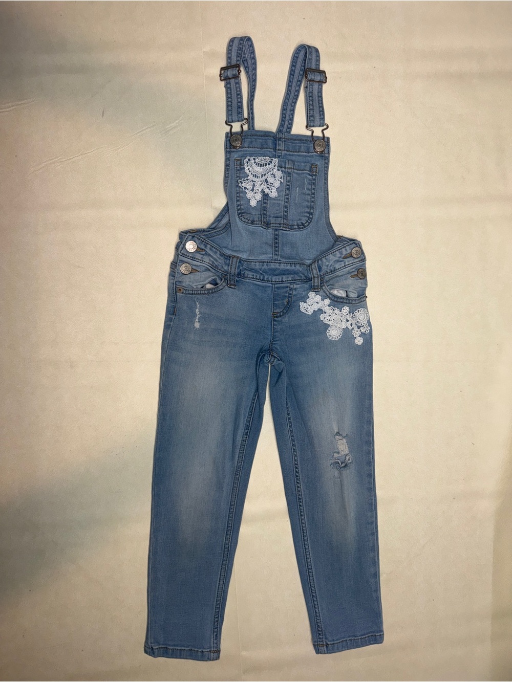 Justice Light Blue Denim Overalls with White Lace Appliqué